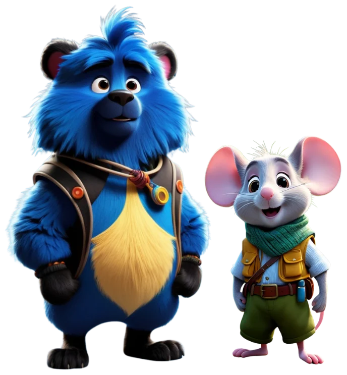 Mingo the blue bear and Mr. Nunu the mouse standing together
